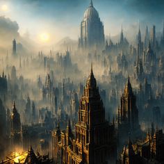 an aerial view of a city with tall buildings and spires in the foggy sky