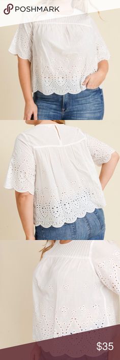 Plus Size Embroidered Eyelet 3/4 Sleeve Top How beautiful is this top with it's Embroidered Eyelet design throughout the top? Lightweight, perfect for romantic summer outings. You feel so girly wearing this top.   LOVE THY CURVES <3   FRONT: Crew neck with 3/4 sleeves and Embroidered Eyelet design.  BACK: Single button   MATERIAL: 100% COTTON WOVEN   COLOR: WHITE  SIZES: 0X-1X-2X-3X Gilli clothing Tops Blouses Half-sleeve Cotton Blouse For Brunch, Cotton Half Sleeve Blouse For Brunch, Half Sleeve Cotton Blouse For Brunch, Spring Tops With Floral Embroidery And Half Sleeves, Spring Casual Blouse With Cutwork Hem, White Half Sleeve Blouse For Brunch, Summer Long Sleeve Tops With Cutwork Hem, White Top With Cutwork Hem For Spring, Spring Blouse With Cutwork Hem And Short Sleeves