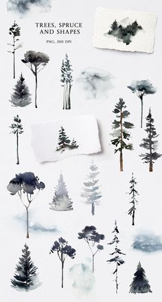 watercolor trees, brush and shapes