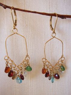 Multi-Colored Tundra Sapphire, Apatite, Tsavorite, Red Garnet 14K Gold Filled Handmade Twisted Wire Gold Multi-stone Chandelier Earrings As Gift, Gold Multi-stone Chandelier Earrings For Gift, Gold Earrings With Gemstone Accents For Festive Occasions, Gold Multi-stone Dangle Jewelry, Gold Multi-stone Dangle Gemstones, Fine Jewelry Gold Dangle Gemstones, Gold Dangle Gemstones Fine Jewelry, Wire Techniques, Wire Wrapped Jewelry Diy