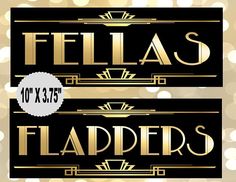 two black and gold labels with the words fellas, flappers on them against a sparkling background