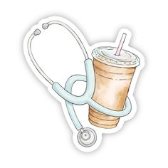 a sticker with a stethoscope and a cup of coffee on it