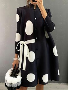 Polka Dots Stand Collar Three Quarter Sleeve Urban Loose Short Dress With Belt | stylewe Black Three Quarter Sleeve Dress, Womens Dresses With Jackets, Midi Dress With Outerwear, Jacket Over Long Sleeve Dress, Quarter Sleeves Dress, Elegant Maternity Dresses, Fashion Forward Outfits, Round Neck Casual Dress, Polka Dot Tie