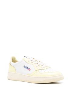 white/light yellow calf leather smooth grain panelled design round toe perforated toebox logo patch at the tongue embossed logo to the side contrasting branded heel counter branded insole padded ankle flat rubber sole front lace-up fastening This item is in size 44 and the color is Classic Yellow Sneakers With Rubber Sole, Cream Sneakers With Perforated Toe Box For Sports, Cream Sneakers With Embossed Logo And Round Toe, Classic Yellow Sneakers With Round Toe, Yellow Sneakers With Perforations And Round Toe, Sporty Cream Sneakers With Perforations, Classic Cream Sneakers With Perforations, Casual Yellow Sneakers With Perforated Toe Box, Classic Yellow Sneakers With Gum Sole