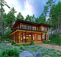 a small house in the middle of some trees and bushes with rocks on the ground