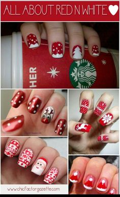 LOTS of Christmas-inspired nail art. Do It Yourself Nails, Nail Noel, Nail Art Noel, Christmas Nails Diy, Red And White Christmas, Manicure Gel, White Nail Art, Christmas Nail Art Designs, Holiday Nail Art