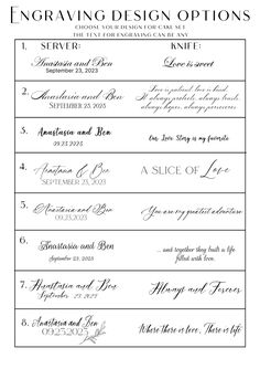 the wedding order card is shown in black and white, with calligraphy on it