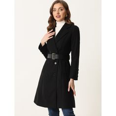 Stay warm and stylish with this lapel-collar winter coat, which is perfect for chilly weather. The belted waist and double-breasted design create a flattering silhouette that's both fashionable and practical. Made of warm materials, this long coat is durable and comfortable to wear all day long. The lapel collar adds an extra touch of elegance to the overall look. Perfect for dressing up or down. This versatile winter coat is great for any occasion. Collared Single-breasted Pea Coat For Winter, Pea Coat With Belted Cuffs For Fall, Fall Pea Coat With Belted Cuffs, Fall Collared Double-breasted Pea Coat, Collared Double-breasted Pea Coat For Fall, Cold Weather Double-breasted Outerwear With Double Button, Double-breasted Outerwear With Double Button Closure For Cold Weather, Fall Office Pea Coat With Belted Cuffs, Black Double-breasted Belted Pea Coat