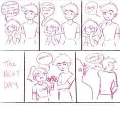 a comic strip with two people talking to each other and one person holding a flower