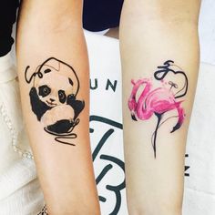 two people with tattoos on their arms and one has a pink flamingo behind them