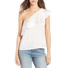 A Ruffle Flows Around The Asymmetrical Neckline On This Fierce Material Girl Top, Styled In A One-Shoulder Style For A Fresh Finish. Elegant One-shoulder Ruffled Top For Spring, Elegant One-shoulder Top With Ruffles For Spring, Elegant Ruffled One Shoulder Top For Spring, Elegant One Shoulder Top With Ruffles For Spring, Feminine Off White Party Top, Elegant One Shoulder Ruffled Top For Summer, Feminine Off-white Party Top, Feminine Off White Top For Party, Elegant One Shoulder Top With Ruffles For Summer