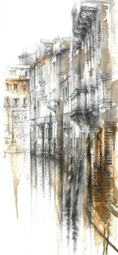 a drawing of an old city street with buildings on the side and water running through it