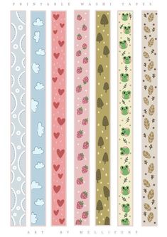 four different colored strips with hearts and trees on them, all lined up in the same row