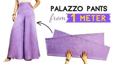 a woman in purple pants and white top with her hands on the ground next to an item that says, palazo pants from 1 meter