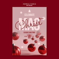 a flyer for a christmas party with red ornaments