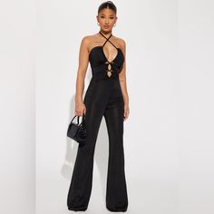 New With Tags, Adjustable, Stretchy. Black Halter Neck Bottoms For Night Out, Black High Waist Jumpsuit For Club, Black Halter Neck Jumpsuit For Going Out, Black Halter Neck Jumpsuit For Night Out, Black Strapless Backless Jumpsuit For Night Out, Black Strapless Halter Neck Jumpsuit For Night Out, Fashion Nova Pants, Black Jumpsuit, Jumpsuits For Women