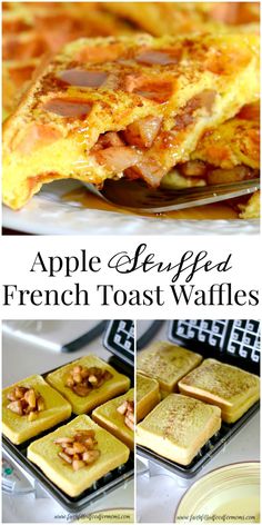 an image of french toast waffles with apples in the background and text overlay that reads apple stuffed french toast waffles