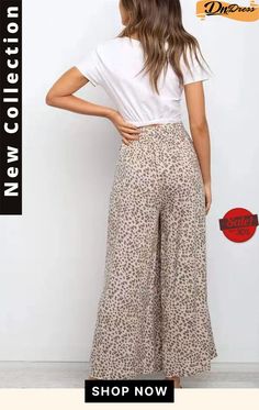 Casual Loose Printed High Waist Wide Leg Pants Non-stretch High-waisted Bottoms For Loungewear, Non-stretch High-waisted Lounge Pants, Non-stretch High-waisted Beige Pants, Non-stretch Cotton Bottoms For Day Out, Trendy Beige Trousers, Wide Leg Jeans For Loungewear In Summer, Casual Beige Bottoms For Day Out, Wide Leg Jeans For Summer Loungewear, Casual Ankle-length Pants For Day Out