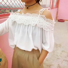 Retro Lace Cold Shoulder Blouse Open Shoulder Blouse, Korean Fashion Summer, Black White Yellow, Cold Shoulder Blouse, Striped Long Sleeve Shirt, Summer Fashion Outfits, Fashion Summer, Summer Outfit