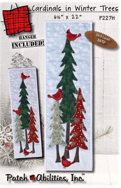 two christmas trees with birds on them and snowflakes in the background, one is red