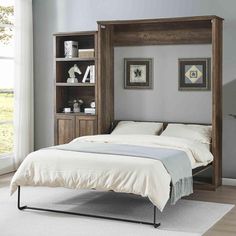 a bed with a wooden headboard and bookcase above it