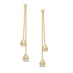 She'll adore the way these fashion drop earrings catch and reflect light with every turn. Crafted in rich 14K gold, each earring features a double strand that originates from a ball post setting and ends with a duo of shining teardrop-shaped dangles. Polished to a bright shine, these earrings secure comfortably with friction backs. Elegant Yellow Gold Drop Earrings, Gold Drop Linear Earrings For Evening, Gold Linear Drop Earrings For Evening, Formal Yellow Gold Dangle Earrings, Yellow Gold Drop Earrings, Pocket Wallet, Mens Black Leather, Accessories Jewelry Earrings, Earring Backs