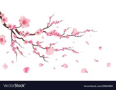 pink flowers are flying in the air on a white background with space for your text