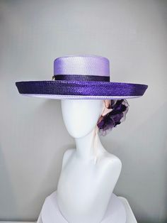 The Hat Doctor From the 2024 Featured Milliner of the Kentucky Derby Museum  kentucky derby hat wide brim purple and lavender fedora rancher panama hat w gold horsebit decor,pink ribbon w purple organza satin flower each hat is totally one of a kind! no two are alike! I can probably add feathers, flowers etc to existing hats for a small fee. I cannot remove anything from existing hats. Just message me and see if we can make it work! :) I cannot make custom order from scratch. My schedule is unfo Elegant Handmade Boater Hat With Flat Brim, Handmade Elegant Boater Hat With Flat Brim, Purple Short Brim Top Hat For Summer, Elegant Purple Hats For Spring, Elegant Purple Hat For Spring, Purple Wide Brim Top Hat For Summer, Handmade Elegant Flat Brim Boater Hat, Handmade Purple Party Hat, Fitted Purple Hat For Kentucky Derby