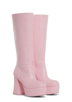 Turn heads with these boots that have a vegan leather construction, platform soles, block heels, inner elastic side panels, and side zipper closures. Light Pink Knee High Boots, Short Gogo Boots Outfit, Pink Go Go Boots, Gogo Boots Outfit, Light Pink Boots, 60s Boots, Platform Boots Outfit, Pink Platform Boots, Sugar Mama