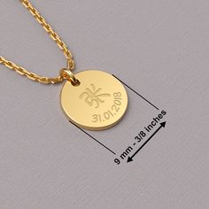 Title: Chinese Character Necklace 14K Solid Gold, Chinese Name Necklace, Custom Chinese Necklace, Chinese Coin Necklace, Chinese Gift - 925 sterling silver and 14k solid gold options are available. - Dimensions: 9 mm x 9 mm (0.35 inches to 0.35 inches). - The total weight of the necklace is approximately between 1 - 2.5 grams. - Can be personalized with a name and date. If you want any other customization please get in touch with us. - You can choose font style. Default font is number 6.  - Plea 14k Gold Pendant Necklace For Anniversary, Custom Gold Sterling Silver Necklace With Polished Finish, Custom Engraved Silver Gold-plated Necklace, Gold Plated Engraved Necklace For Anniversary, Engraved Gold Plated Necklace For Anniversary, Custom Engraved Gold Plated Necklace For Anniversary, Custom Engraved Gold-plated Necklace For Anniversary, 14k Gold Necklace With Engraving Option, Dainty Gold Necklaces With Engraving Option