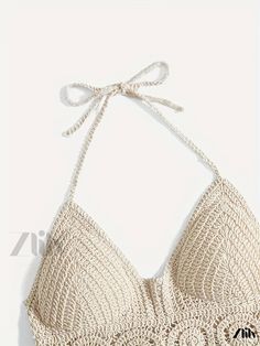 Zlily - Boho Sleeveless Beach Wear Halter Neck Tassel Crop Top for Women, Summer Cut Out Style, Elegant and Chic Womens Clothing Halter Neck Top For Beach Cover-up During Beach Season, Chic Beige Tank Top For Beach, Beachy Sleeveless Halter Top For Beach Season, Summer Vacation Halter Neck Top, Beach Season Cami Halter Top, Beige Summer Tank Top For Beach, Beige Summer Tank Top For The Beach, Summer Beach Halter Cami Top, Chic Triangle Top For Beach