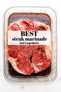 Two steaks in a dish of steak marinade. Dr Pepper Steak Marinade, Blade Steak Marinade, Steak Marinade Without Worcestershire, Best Way To Marinate Steak, 30 Minute Steak Marinade, 3 Ingredient Steak Marinade, Easy Steak Marinade Simple, Teriyaki Steak Marinade, Tri Tip Steak Marinade