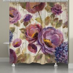 a shower curtain with flowers painted on it