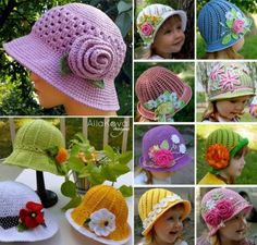 many different hats with flowers on them are shown in multiple pictures and one is made out of