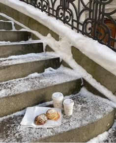 two doughnuts are sitting on the steps covered in snow