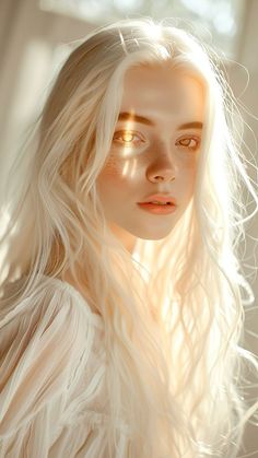 a woman with long white hair and glowing eyes is shown in this digital art photo