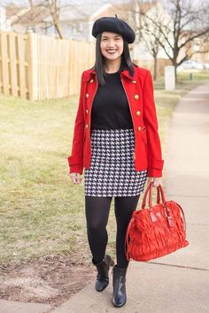 chic winter outfit idea for work - black sweater, houndstooth mini skirt, tights, red coat, wool beret, red Prada tote, and a pair of black Tory Burch dress boots, one of must have boots for fall and winter. Head over to www.OneAwesomeMomma.com for more winter outfits. #winterstyle #winteroutfits #momstyle Skirt Outfits For Winter, Mini Skirt Tights, Chic Winter Outfit, Houndstooth Mini Skirt, Skirt Tights, Midi Circle Skirt, Outfits For Winter, Winter Tights