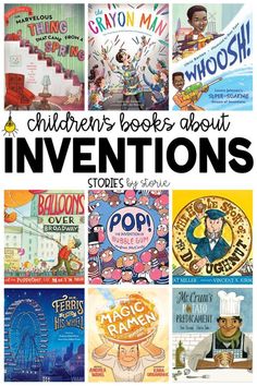 children's books about inventors are featured in this postcard collage with the title