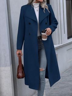 Navy Blue Casual Collar Long Sleeve Fabric Plain Regular Embellished Non-Stretch  Women Clothing Blue Wool Coat, Double Breasted Overcoat, Outfits Jeans, Trench Coat Outfit, Blue Trench Coat, Wool Winter Coat, Wool Coat Women, Coat For Women, Women Overcoat