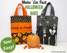 two halloween bags with pumpkins on them and the words make'em fast written in black