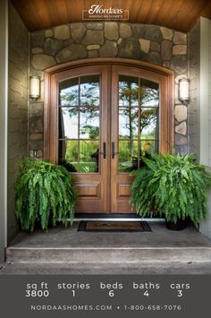 the front door to a home with two potted plants