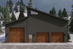 two garages are shown in front of a snowy mountain side area with evergreen trees