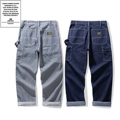 Men's Raw Denim Jeans Railroad Worker Pants Multi-Pockets Striped Cargo Trousers Feature: Multi-pocket design with hanging tool belt on the side There are two materials, primary denim and striped denim Straight leg loose YKK zipper Hardware: Aluminum alloy Note: The size is Asian size ,To be safe,Please measure one of your own pants to make comparison with ours, so as to select a correct size.   Size Chart:1inch=2.54cm Size Chart : INCH/CM Tag Size Waist Length Thigh Hip inch cm inch cm inch cm inch cm XS 29.9  76 40.2  102 23.6  60 39.0  99 S 31.5  80 41.3  105 24.4  62 40.2  102 M 33.1  84 42.1  107 26.0  66 40.9  104 L 34.6  88 42.9  109 26.8  68 43.3  110 XL 36.2  92 43.7  111 27.6  70 44.9  114 2XL 38.2  97 44.1  112 28.3  72 46.5  118 SIZE ERROR: ±1 INCH error as size was measured by Work Overalls, Outdoor Trekking, Striped Jeans, Jeans Casual, Raw Denim, Hiking Outfit, Cargo Trousers, Denim Trousers, Pants Straight