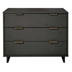 a black dresser with three drawers and two brass pulls on the bottom, against a white background