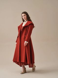 LINENNAIVE Winter Coat Elegant, Hooded Wool Coat, Wedding Coat, Elegant Coats, Maxi Coat, Red Coat, Hooded Coat, Wool Fabric, Vibrant Red