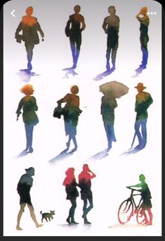 the silhouettes of people walking and riding bikes are shown in this photo, with one person holding an umbrella