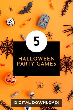 halloween party games with pumpkins, bats and other decorations on an orange background text reads 5 halloween party games