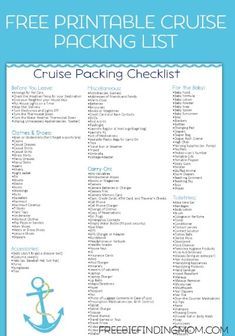 the free printable cruise packing list is shown in blue with an anchor on it