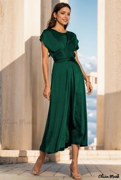 Olivia Mark - Elegant Satin Belted Draped Evening Dress with a Fashionable Touch Cloth Belt, Home Dress, Lantern Sleeves, Strap Dress, Deep Green, Bodycon Mini Dress, Olivia Mark, Paint Designs, Ruffle Hem