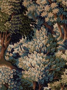 an image of a forest scene with trees and flowers on it's side, in blue